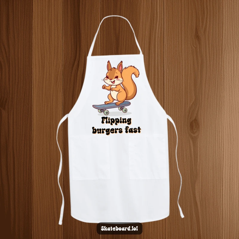 Funny cheerful squirrel skateboarding apron, pushing off with one foot, practical and humorous, great for cooks.