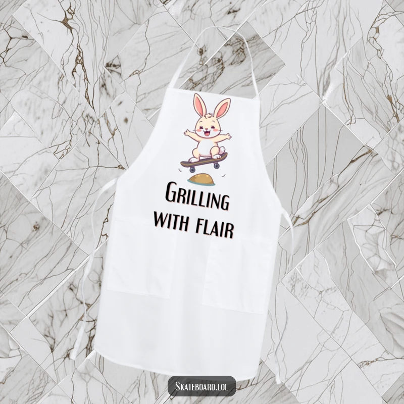 Funny happy bunny skateboarding apron, performing an ollie, practical and humorous, great for cooks.
