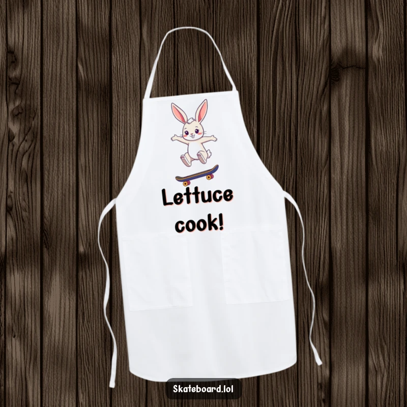 Funny apron featuring a cool bunny performing a stylish skateboard jump, adding a touch of urban cool and humor to cooking.