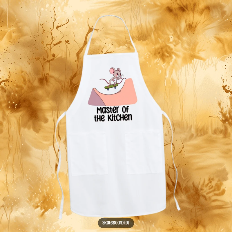 Funny tiny determined mouse skateboarding apron, riding down a ramp, practical and humorous, great for cooks.