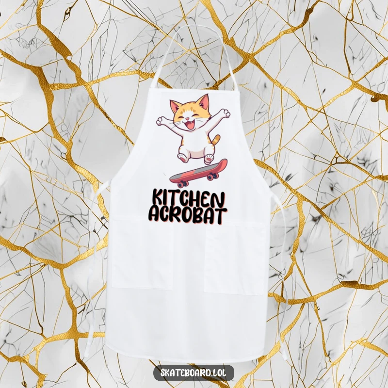 Funny apron featuring a hyperactive cat mid-skateboard flip, adding a dose of wild energy and humor to cooking and baking.
