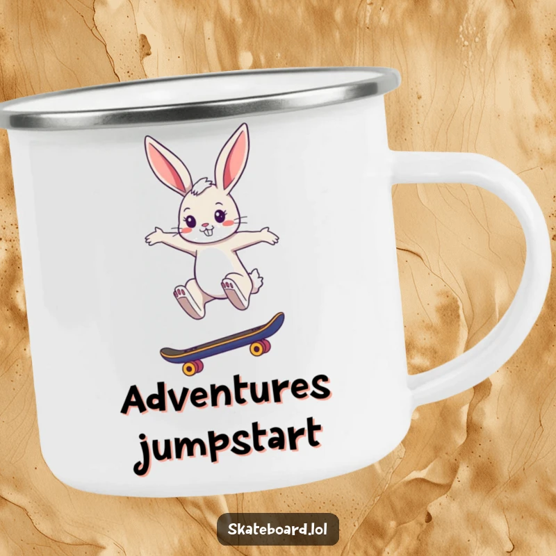 Funny camping mug with a cool bunny performing a stylish skateboard jump, perfect for enjoying beverages outdoors with a chic canine humor.