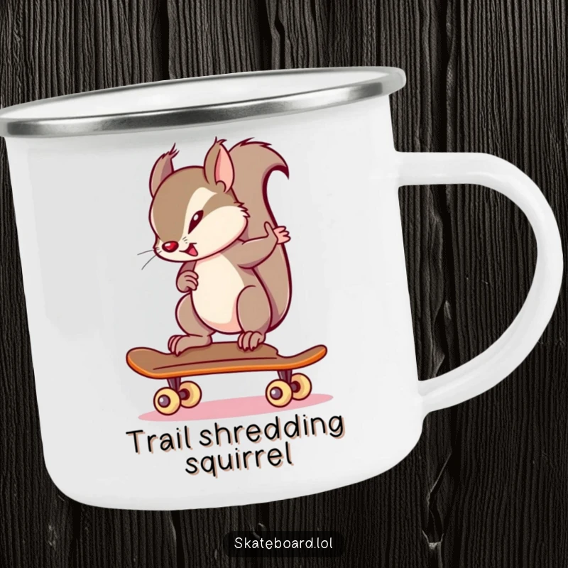 Funny squirrel balancing on a skateboard with great focus, designed for a rugged camping mug, perfect funny gift.