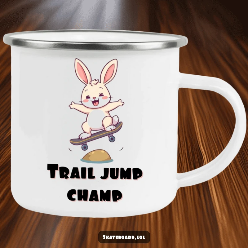 Funny happy bunny skateboarding camping mug, doing an ollie, durable enamel, great for campers.