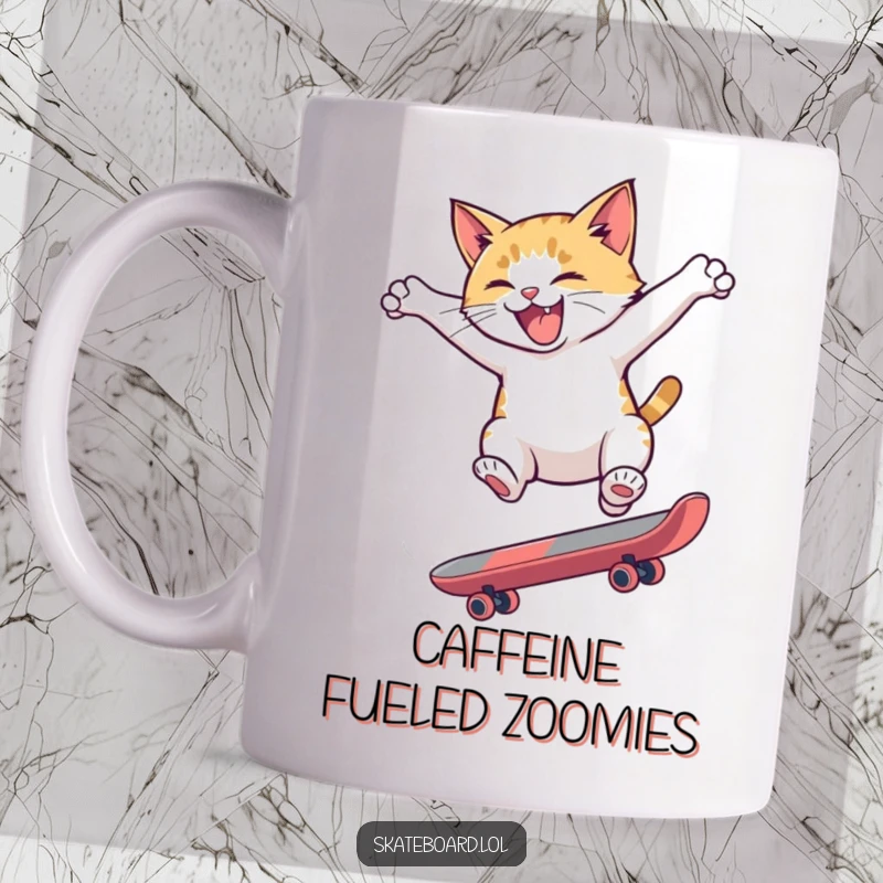 Funny mug with a hyperactive cat mid-flip on a skateboard, showcasing chaotic energy and feline acrobatics with a humorous edge.