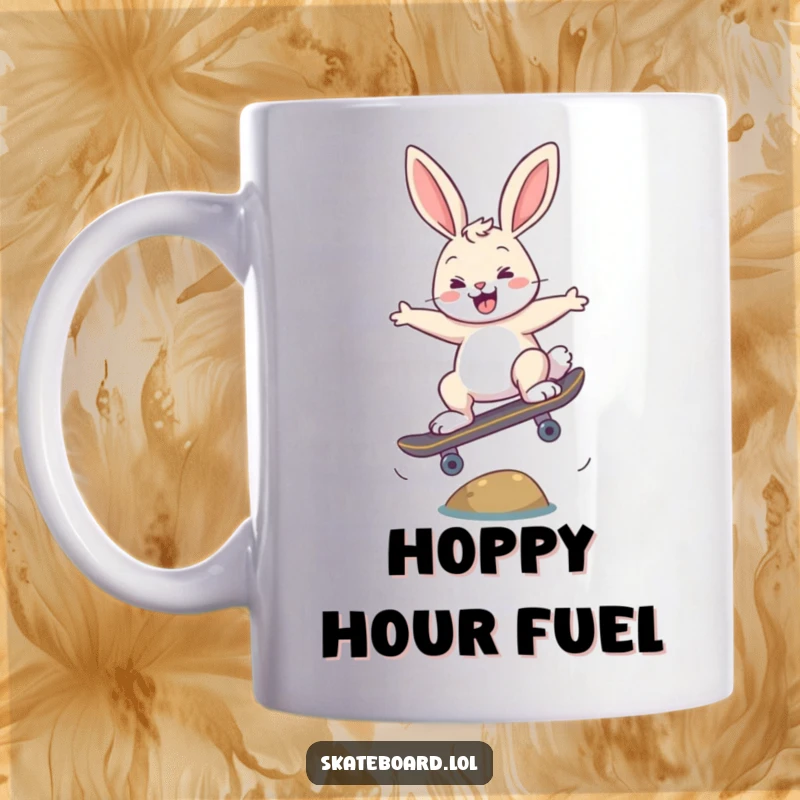 Funny happy bunny skateboarding, performing an ollie over a small stick, looking rad, perfect gift for skaters.