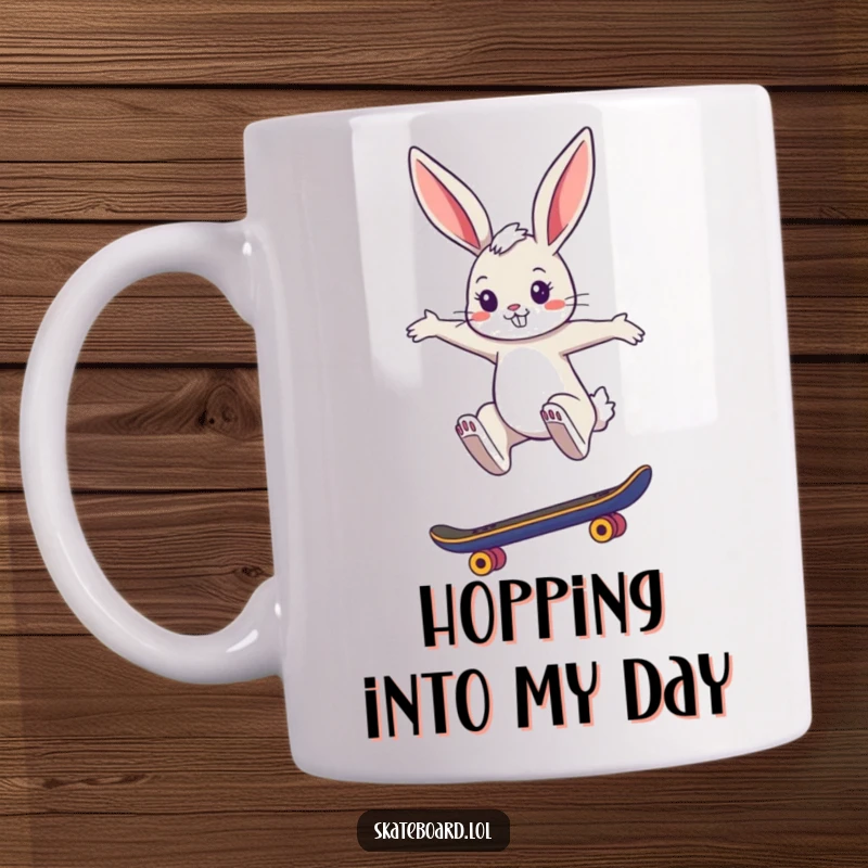 Funny mug with a cool bunny executing a stylish jump while riding a skateboard, conveying effortless style and athletic prowess.