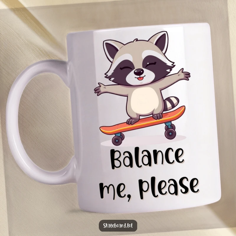 Funny Raccoon Skateboarder Mug featuring a winking raccoon balancing perfectly on a skateboard, exuding confidence and humor.