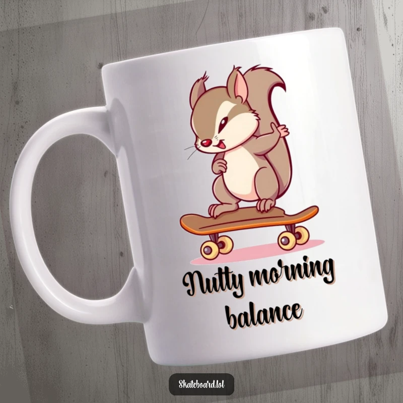 Funny squirrel skilfully balances on a skateboard, demonstrating intense focus on this cool mug design, a perfect gift.