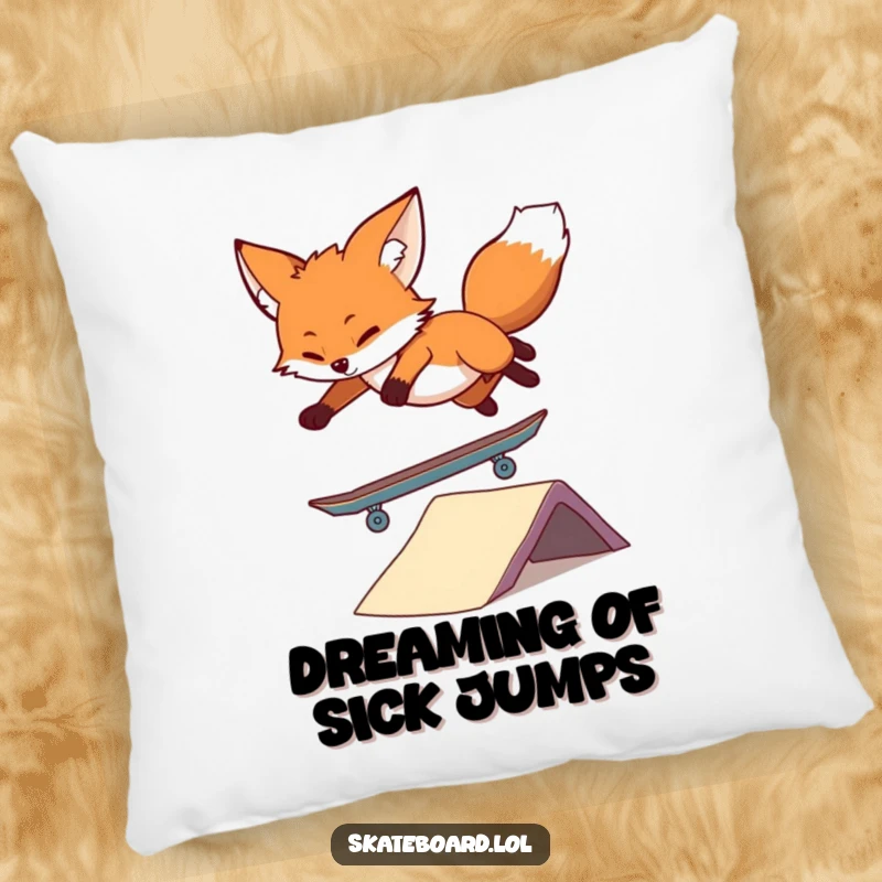 Funny Fox Skateboard Pillow with a plush texture, depicting a fearless fox mid-air on a skateboard, offering comfort and humorous charm.