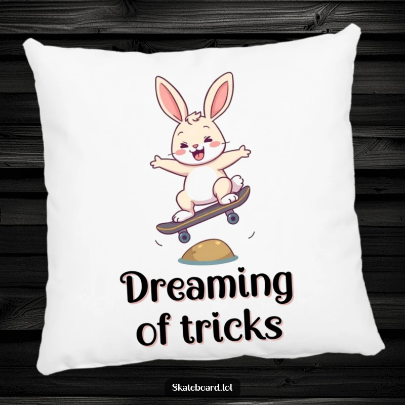 Funny happy bunny skateboarding pillow, doing an ollie, soft and comfortable, great room decor.
