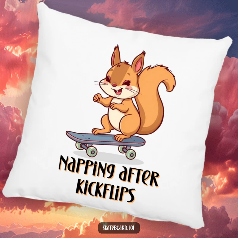 Funny cheerful squirrel skateboarding pillow, pushing off with one foot, soft and plush, perfect relaxation.