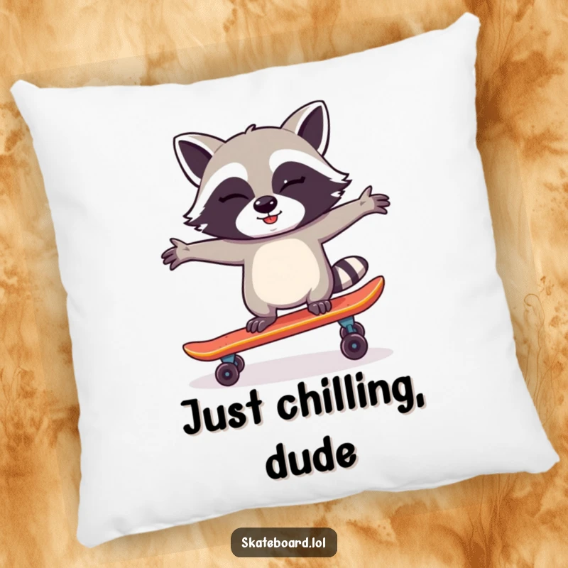 Funny Raccoon Skateboard Pillow with a soft texture, depicting a winking raccoon balancing on a skateboard, offering comfort and humor.