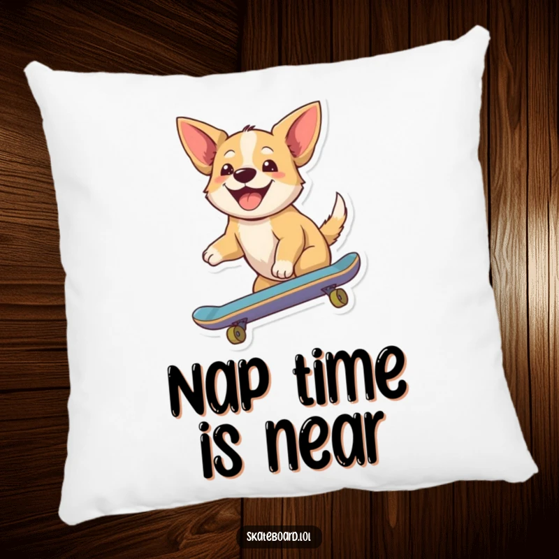 Funny pillow with a joyful dog riding a skateboard, ears flapping, offering a soft, cheerful, and humorous accent for any seating.