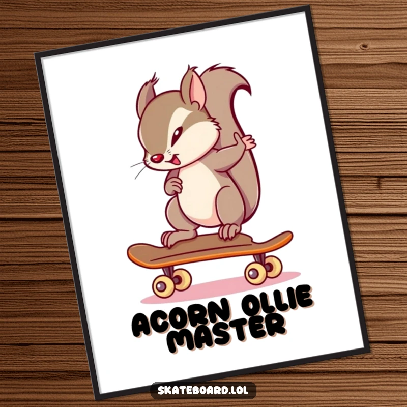 Funny squirrel with determined focus on a skateboard, high-quality digital art print, ideal funny gift.