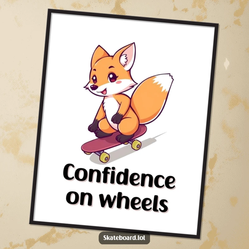 Funny fox skateboarding downhill with confidence, high-quality digital art print, ideal funny gift.