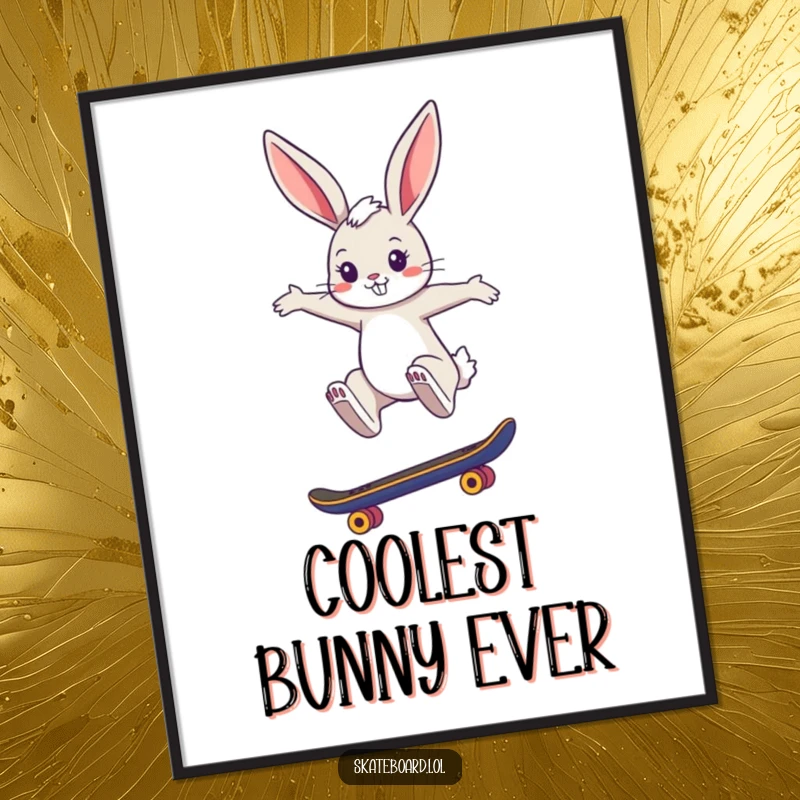 Funny digital art print of a cool bunny performing a stylish skateboard jump, capturing a moment of chic action and humor.