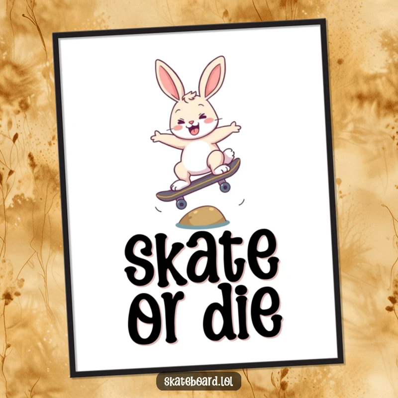 Funny happy bunny skateboarding digital art print, doing an ollie, high resolution, instant download.