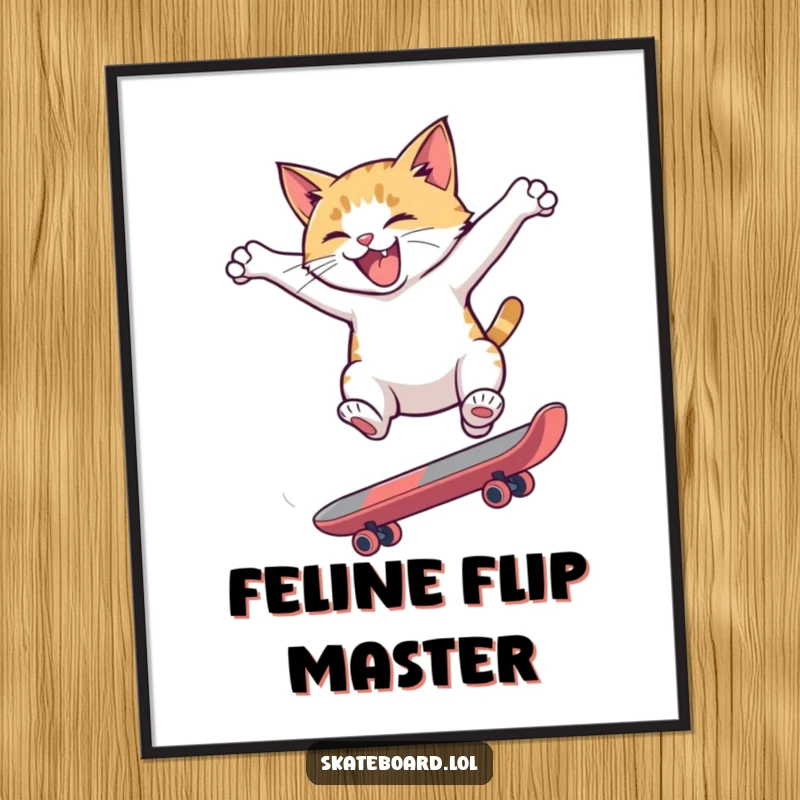 Funny digital art print of a hyperactive cat mid-skateboard flip, capturing a moment of extreme feline action and humor.
