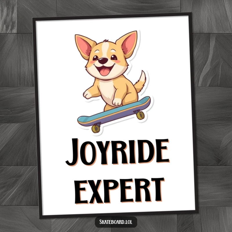 Funny digital art print of a joyful dog riding a skateboard, ears flapping, capturing a moment of pure canine happiness and humor.