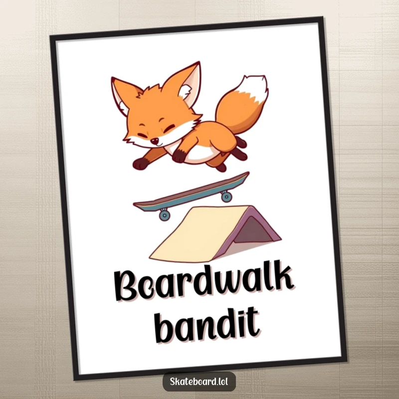 Funny Fox Skateboard Digital Art Print capturing a playful fox executing a skateboard trick, ready for instant download and humorous wall decor.