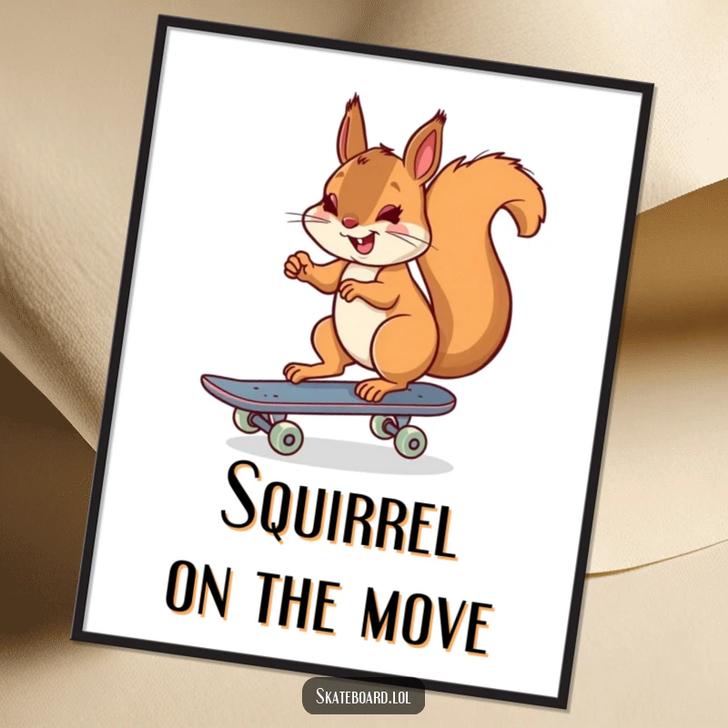 Funny cheerful squirrel skateboarding digital art print, pushing off with one foot, high resolution, instant download.