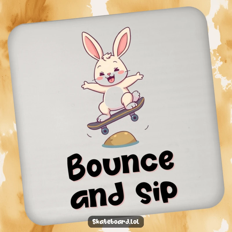 Funny happy bunny skateboarding coaster, performing an ollie, protects furniture, adds skater flair.