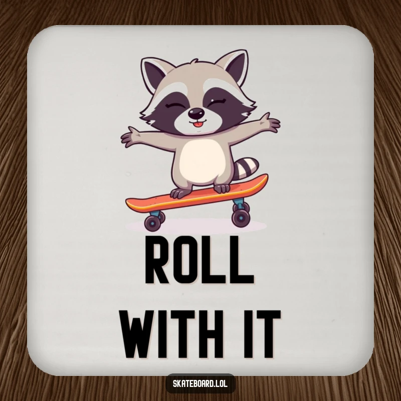 Funny Raccoon Skateboard Coaster depicting a winking raccoon balancing on a skateboard, offering surface protection with a humorous and cute design.