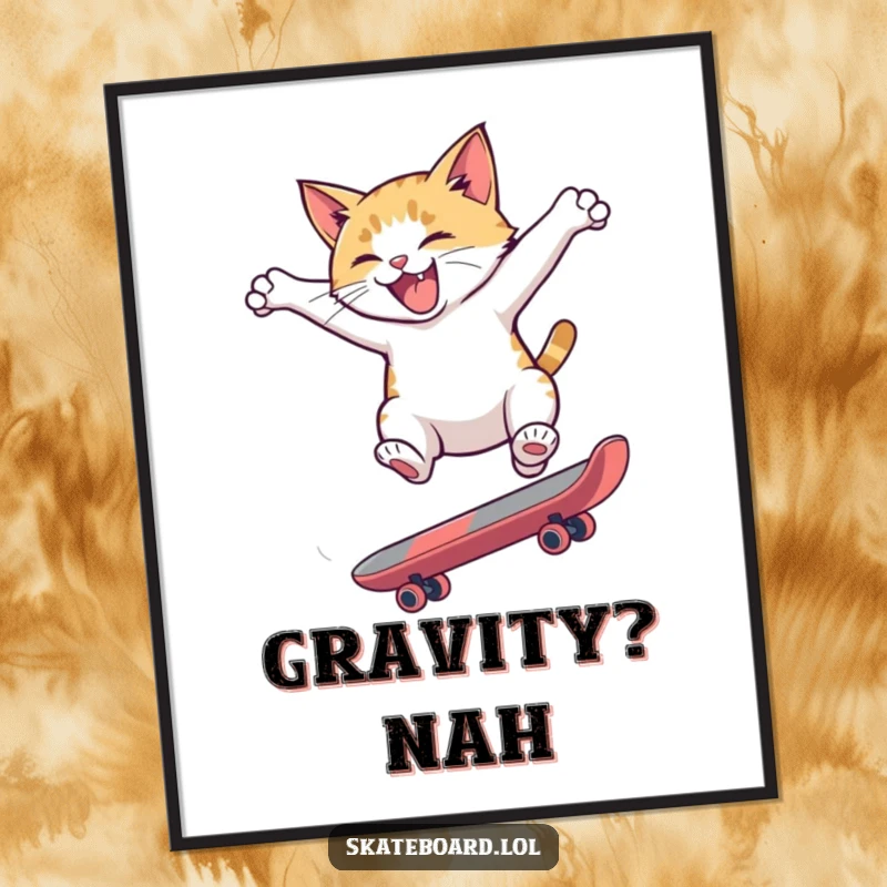 Funny poster featuring a hyperactive cat mid-skateboard flip, showcasing athletic prowess and playful chaos for humorous wall decor.