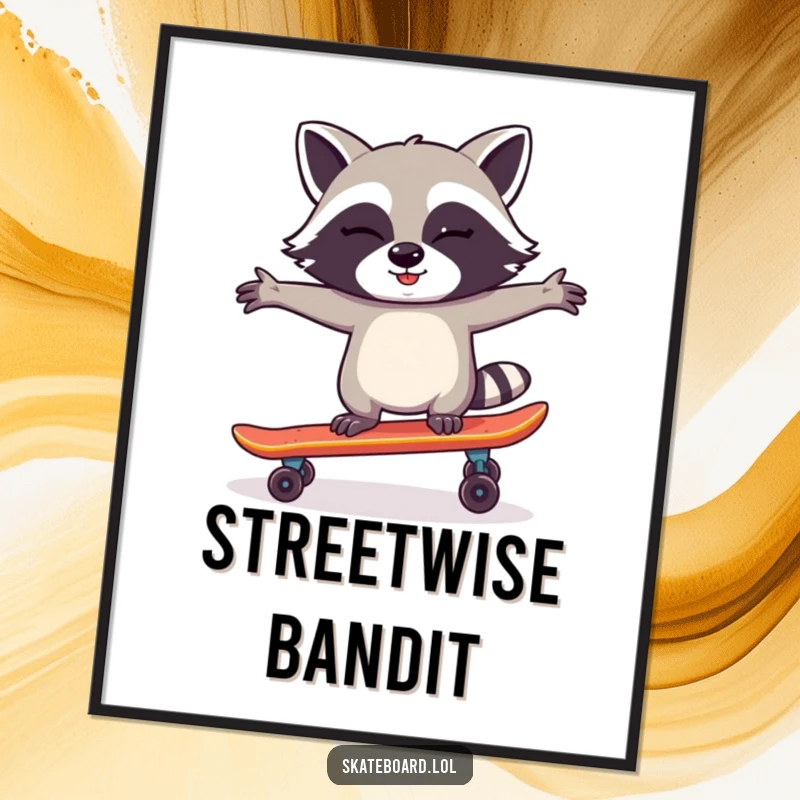 Funny Raccoon Skateboard Poster featuring a winking raccoon balancing on a skateboard, creating quirky and humorous wall art.