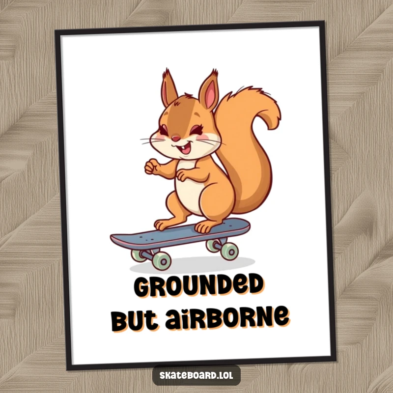 Funny cheerful squirrel skateboarding poster, pushing off with one foot, energetic and happy, great decor.