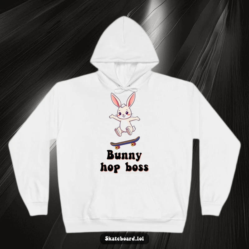 Funny hoodie with a cool bunny executing a stylish jump on a skateboard, embodying street style and playful energy.