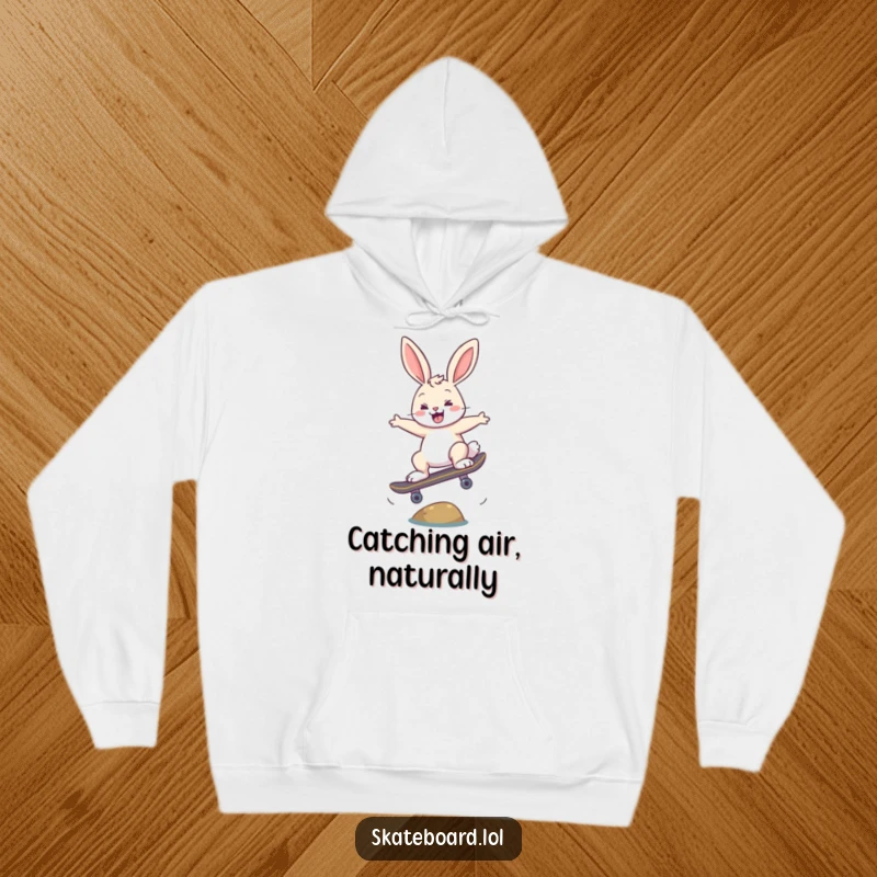 Funny happy bunny hoodie, skateboarding and doing an ollie trick, warm and stylish, perfect gift.