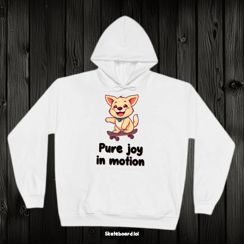 Funny happy dog with a wagging tail and a big grin rides a skateboard on this cozy hoodie, perfect for active fun.