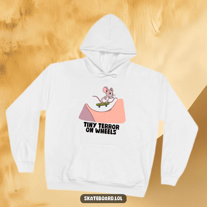 Funny tiny determined mouse hoodie, skateboarding fast down a ramp, warm and inspiring, perfect gift.