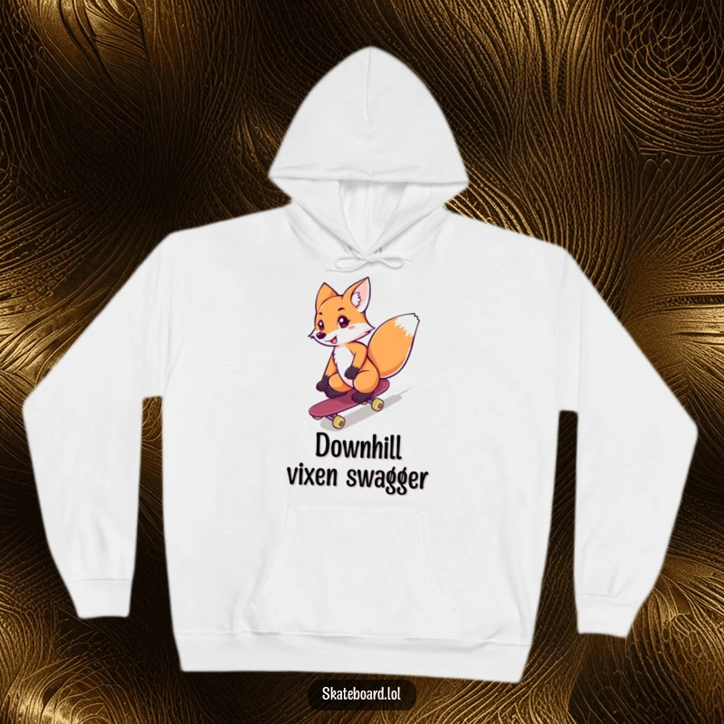 Funny fox confidently skateboarding downhill, depicted on a comfortable hoodie, perfect funny gift.