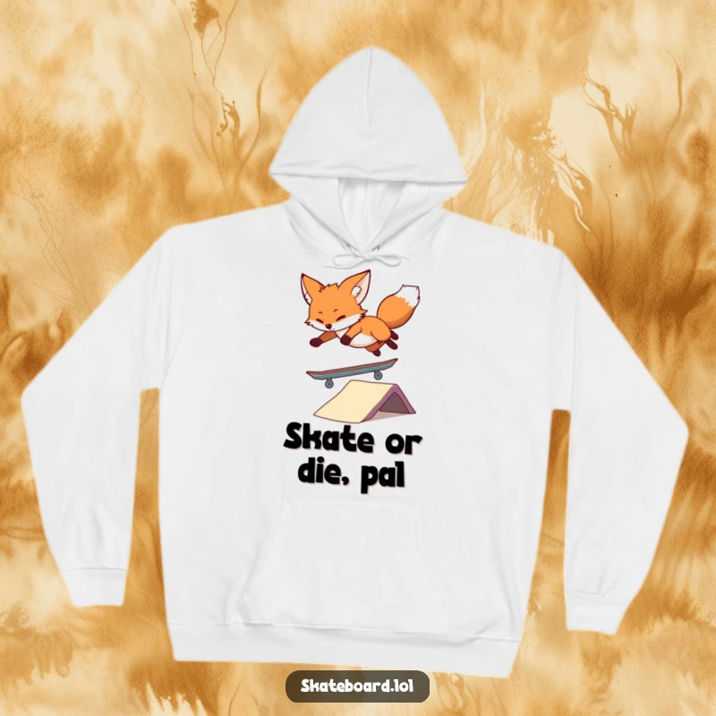 Funny Fox Skateboard Hoodie showing a cool fox balancing on a skateboard, radiating a chill vibe and skateboarding passion for ultimate comfort.