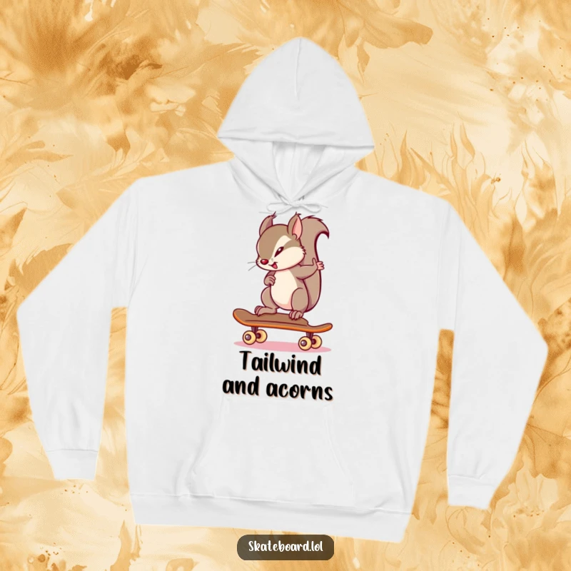 Funny squirrel balancing perfectly on a skateboard, showing incredible focus, on a warm hoodie, ideal funny gift.