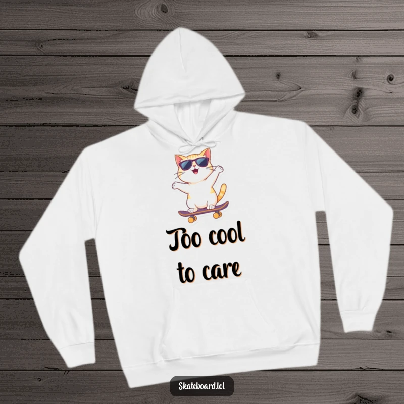 Funny cat wearing sunglasses rides a skateboard backward on this hoodie, showcasing edgy, urban style.