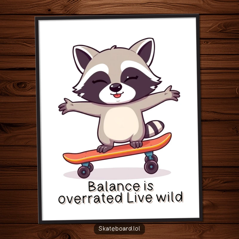 Funny Free Printable Wall Art: A cool raccoon winks as it skillfully balances on a skateboard, radiating charm.