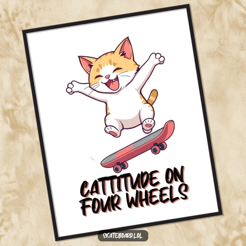 Funny Free Printable Wall Art: A hyperactive cat performs an amazing skateboard flip, capturing pure adrenaline and fun.