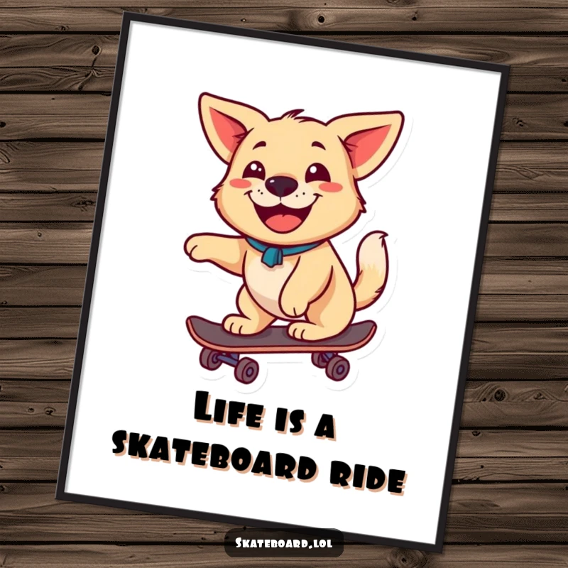Funny Free Printable Wall Art: Happy dog with wagging tail skateboarding with big grin, playful decor, unique downloadable art.