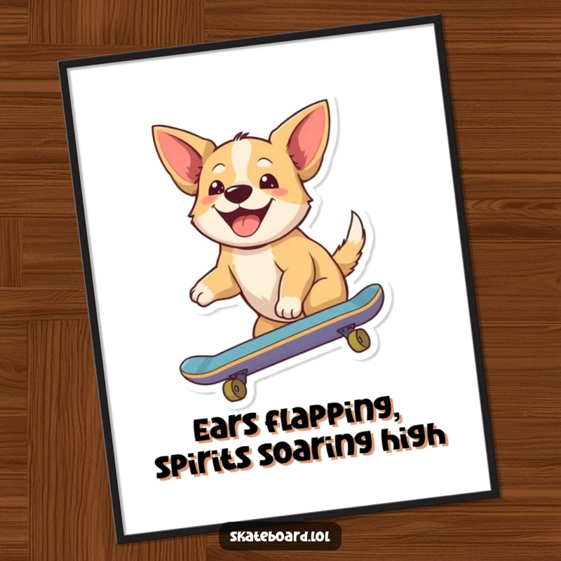 Funny Free Printable Wall Art: A joyful dog rides a skateboard, ears flapping wildly, embodying pure fun and freedom.