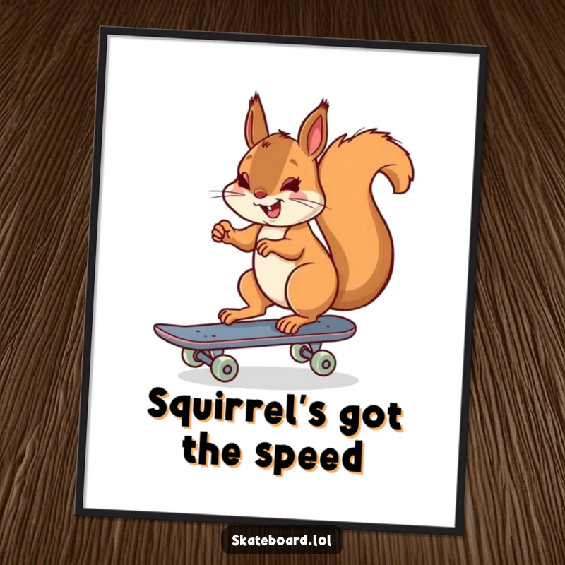 Free Printable Wall Art: A cheerful squirrel with one foot on a skateboard, pushing off with the other, ready for action.