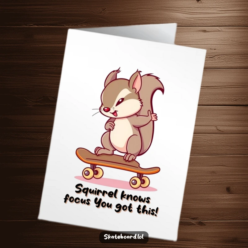 Funny Free Printable Birthday Card of a determined squirrel expertly balancing on a skateboard, ready to shred.