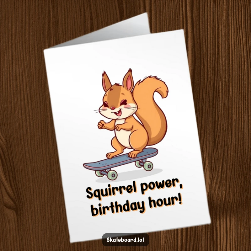 Funny Free Printable Birthday Card: Cheerful squirrel pushing off with one foot on a skateboard, looking ready for an adventure, smiling widely.