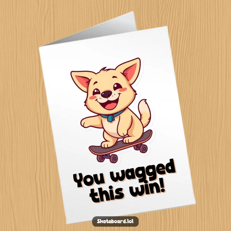 Funny Free Printable Congrats Card: Happy dog with wagging tail skateboarding with big grin, enthusiastic congratulations, unique downloadable art.