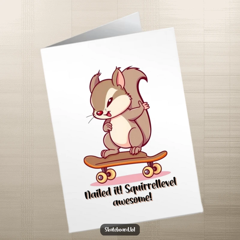 Funny Free Printable Congratulations Card: A determined squirrel balances on a skateboard, symbolizing focus and success.