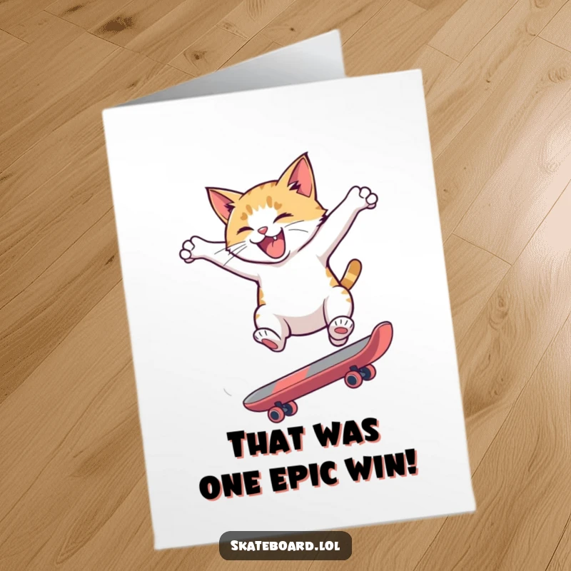 Funny Free Printable Congratulations Card: A hyperactive cat flips high on a skateboard, symbolizing a daring and successful achievement.