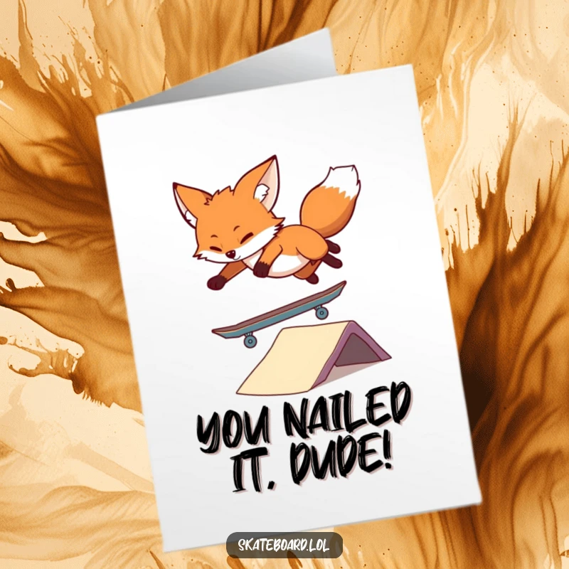 Funny Free Printable Congratulations Card: A joyous fox landing a skateboard trick over a ramp, celebrating success.
